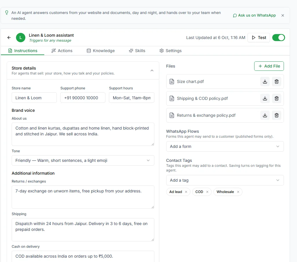 An AI agent’s settings page