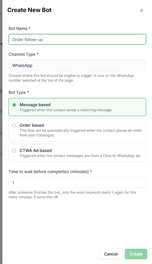 The Create New Bot form