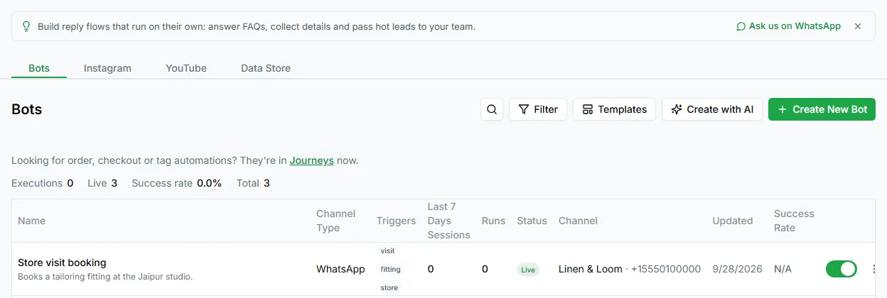 The Bots page with a list of bots