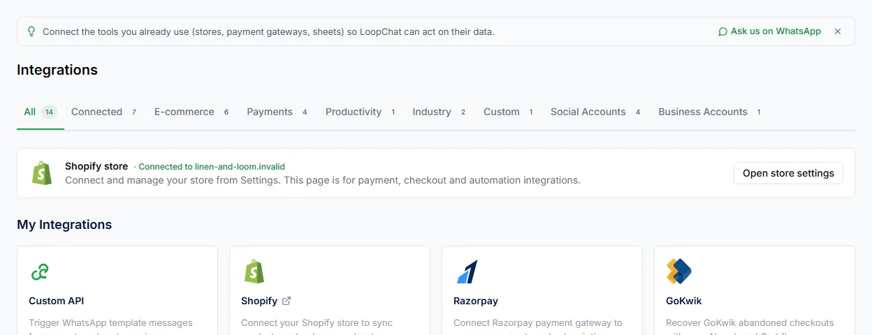The Custom API card on the Integration page