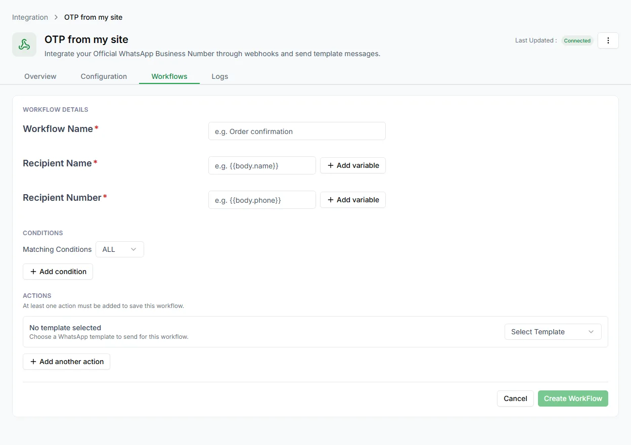 A workflow with a template selected