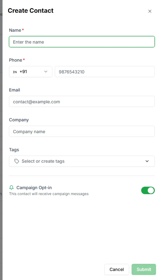 The Create Contact form