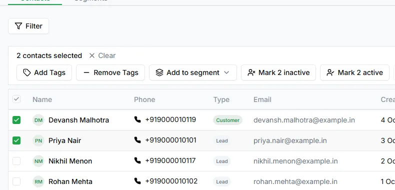The bulk actions bar on the Contacts page