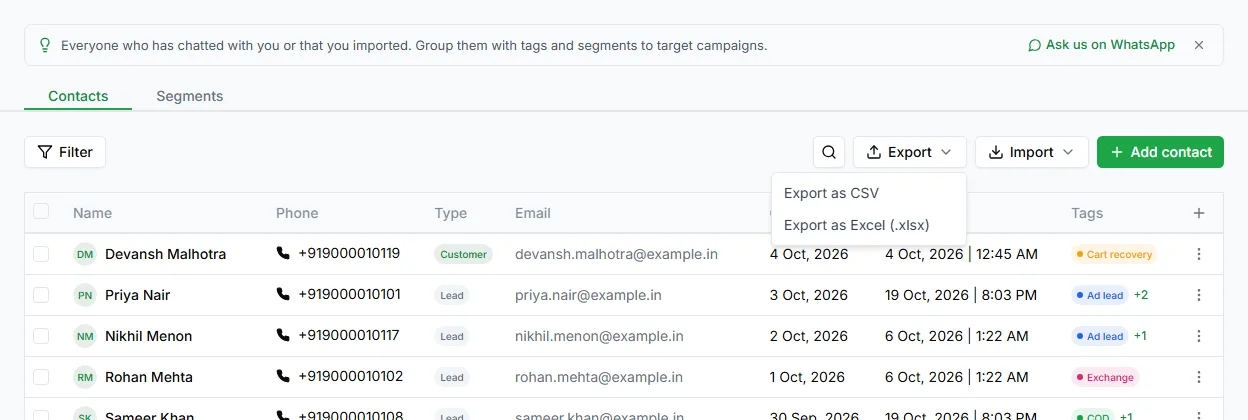 The Export menu on the Contacts page