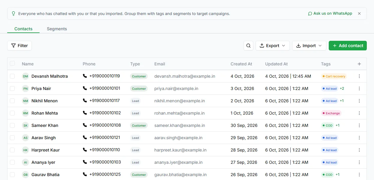 The Contacts page