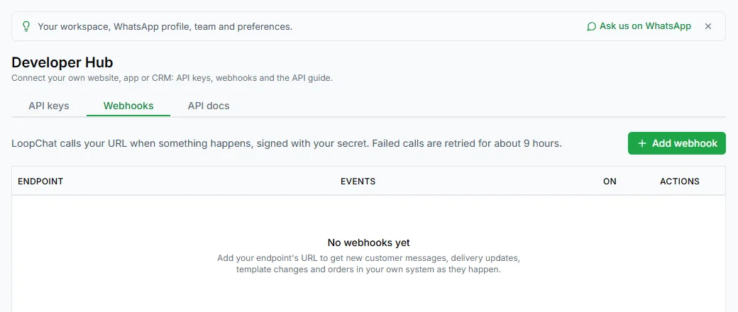 The Webhooks tab in the Developer Hub
