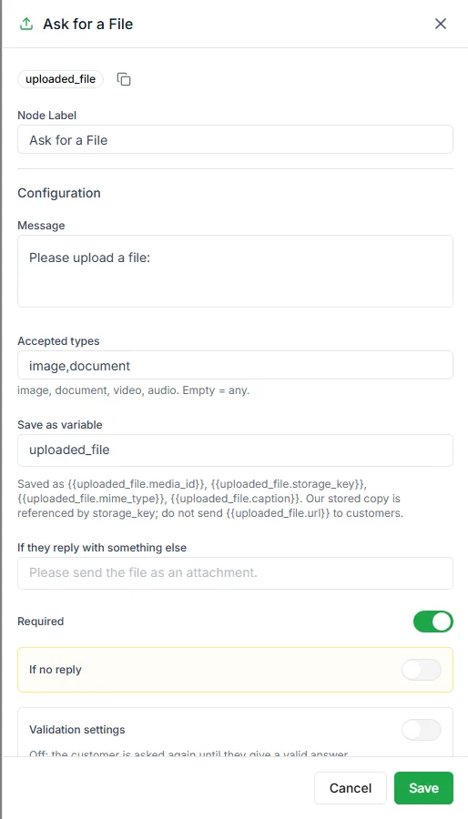 The Ask for a File step settings