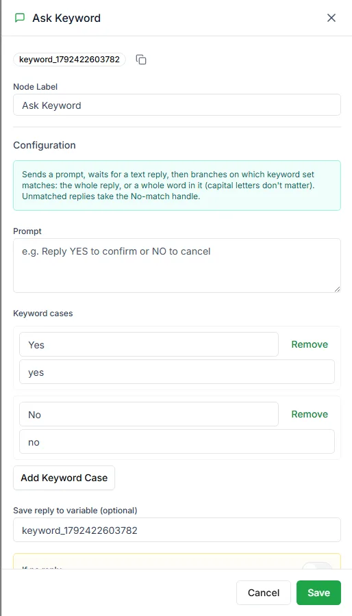The Ask Keyword step settings