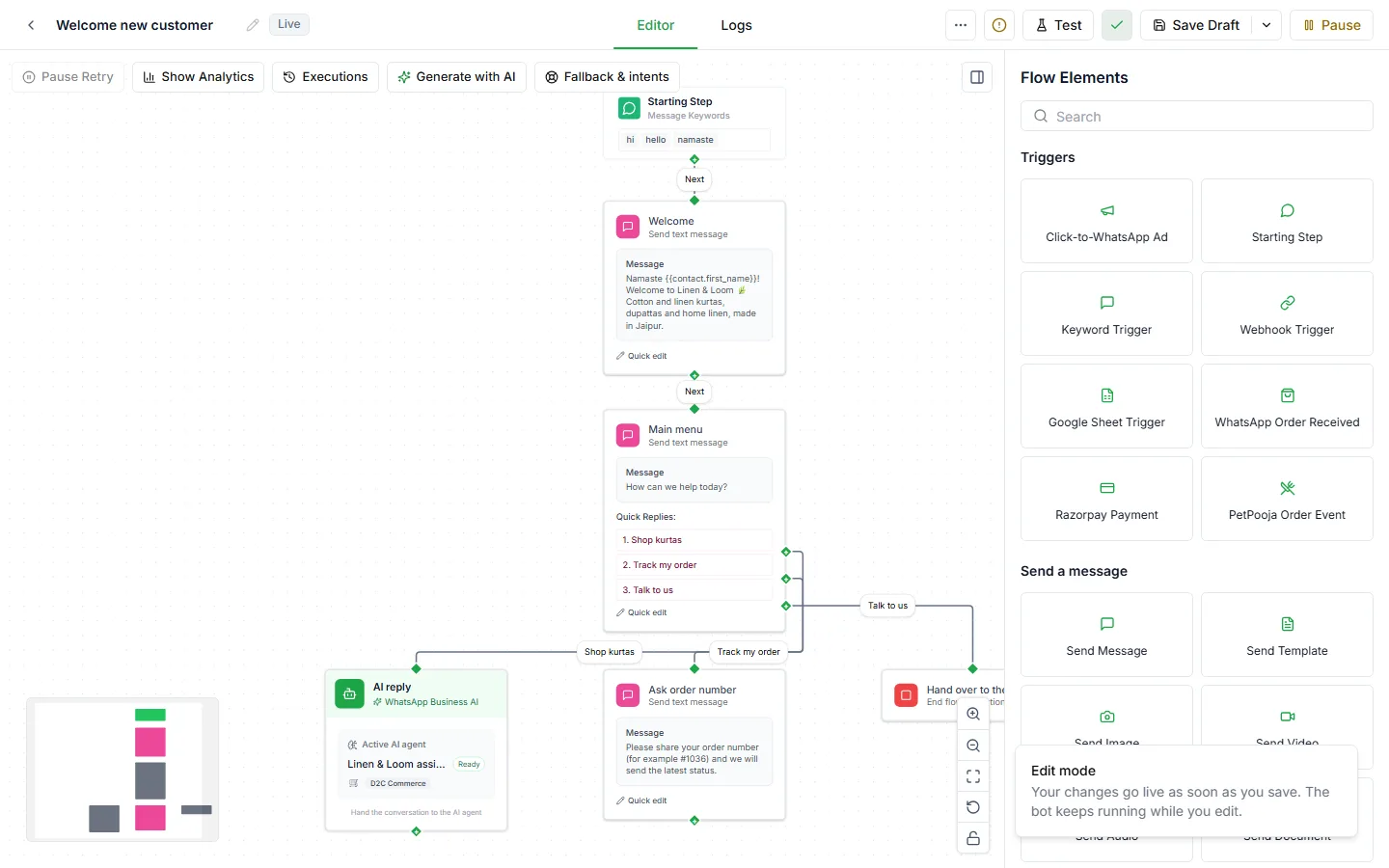 The flow editor with the step palette on the right