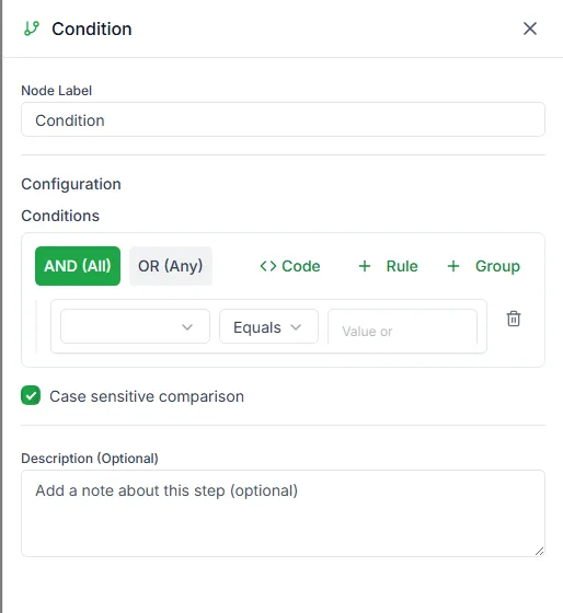 The Condition step settings