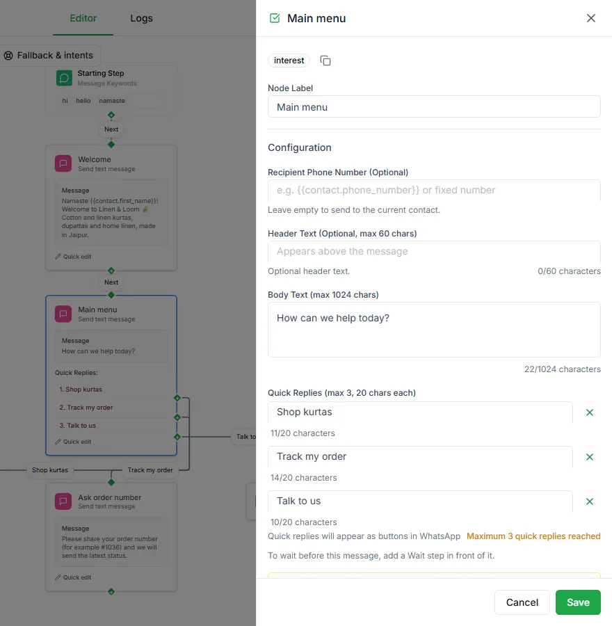A step’s settings panel open in the flow editor