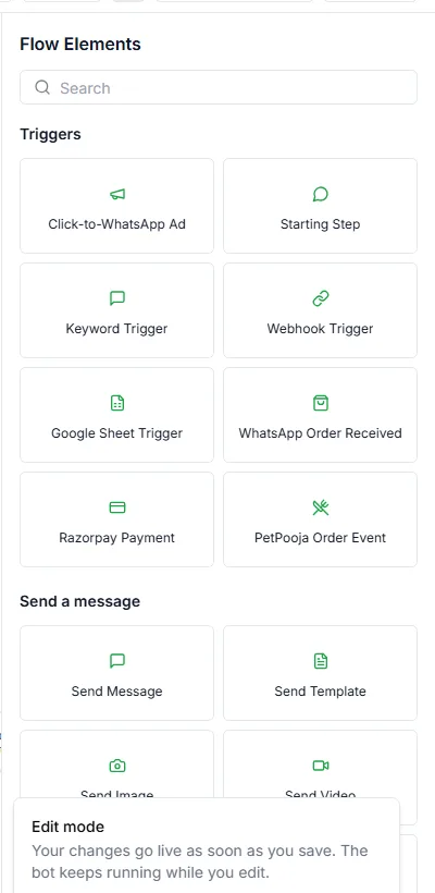 The step palette in the flow editor