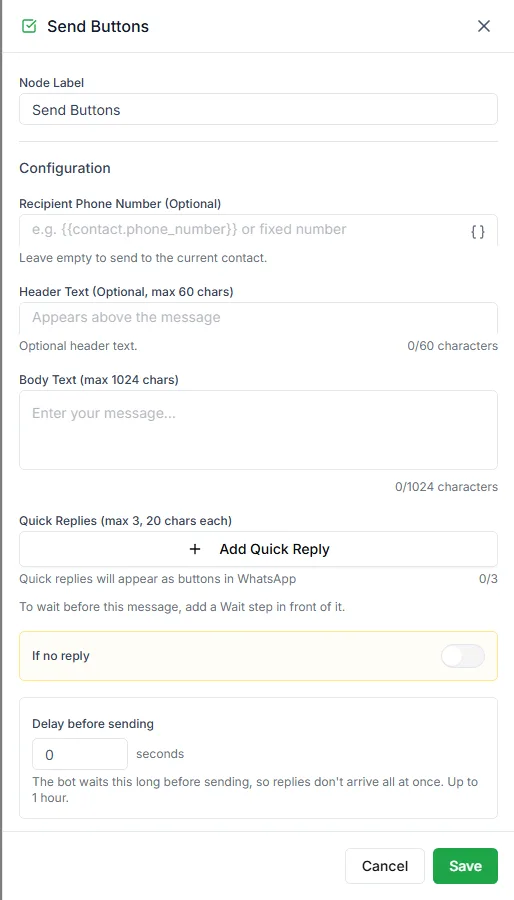 The Send Buttons step settings