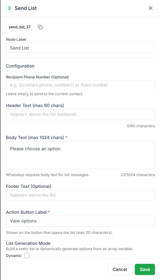 The Send List step settings