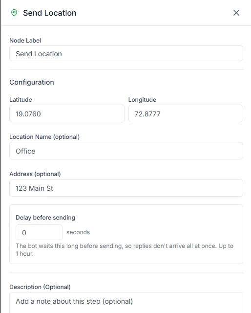 The Send Location step settings