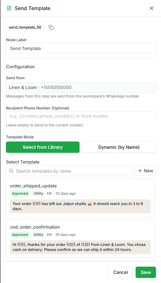 The Send Template step settings