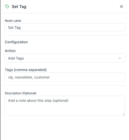 The Set Tag step settings