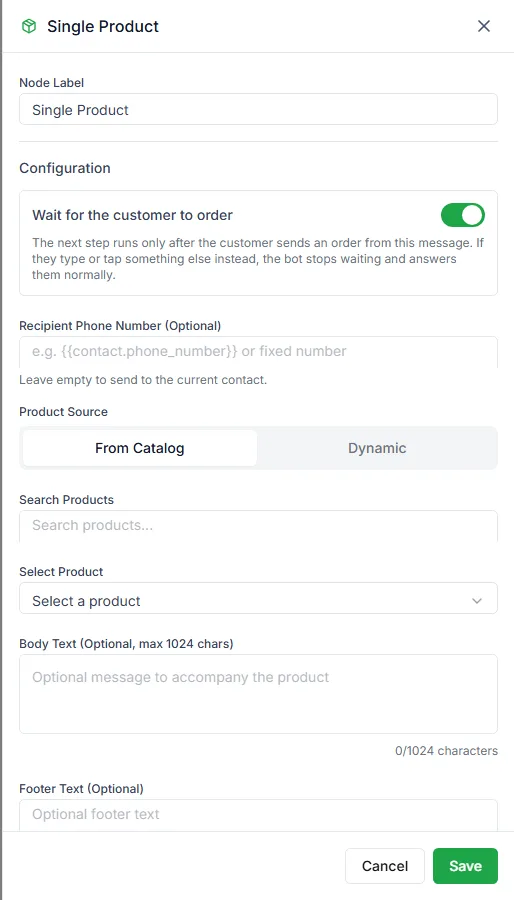 The Single Product step settings