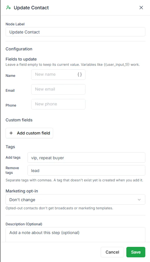 The Update Contact step settings
