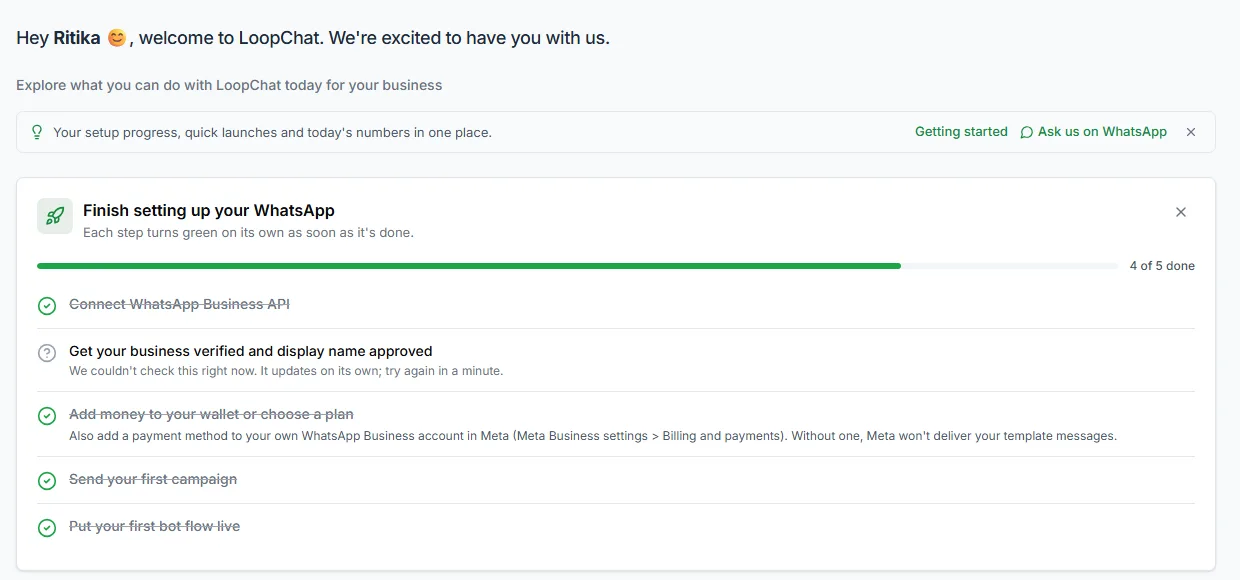 The LoopChat home page with the setup checklist