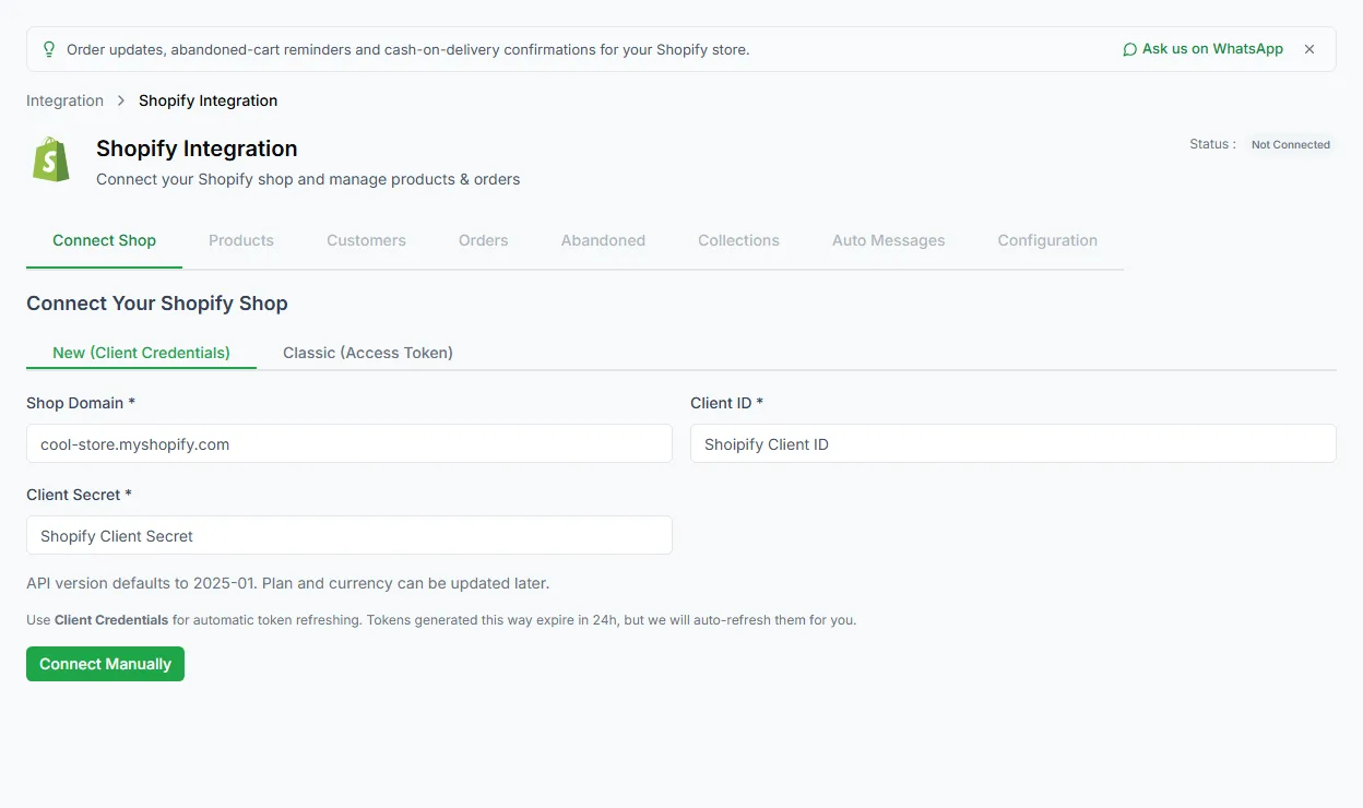 The Shopify integration page