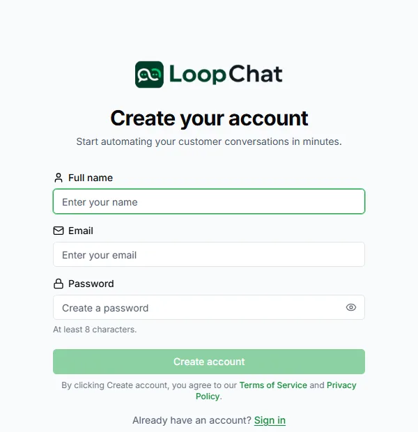 The LoopChat sign-up page