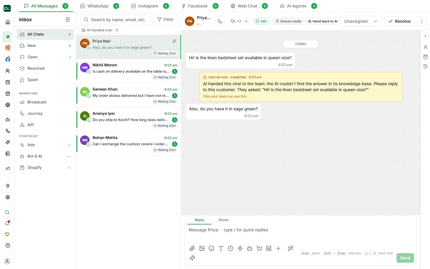 The team inbox with a conversation open