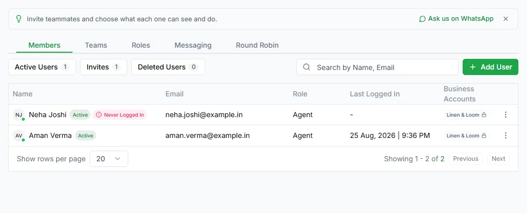 The Team page in Settings
